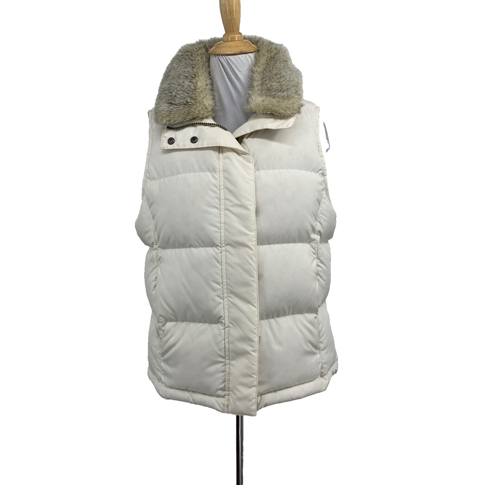 LL Bean Vest Womens PS Small Petite Ivory Full Zip Snap Faux Fur Trim Goose Down